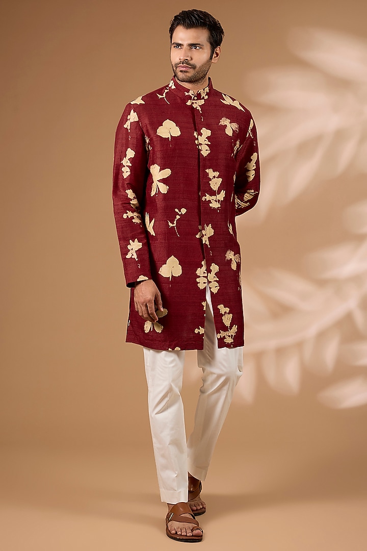 Cherry Red Raw Silk Kurta Set by Divyam Mehta Men