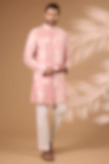 Antique Pink Raw Silk Kurta Set by Divyam Mehta Men