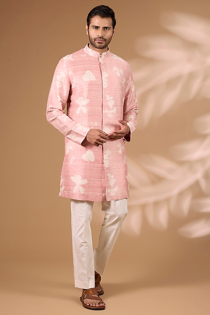 Antique Pink Raw Silk Kurta Set by Divyam Mehta Men