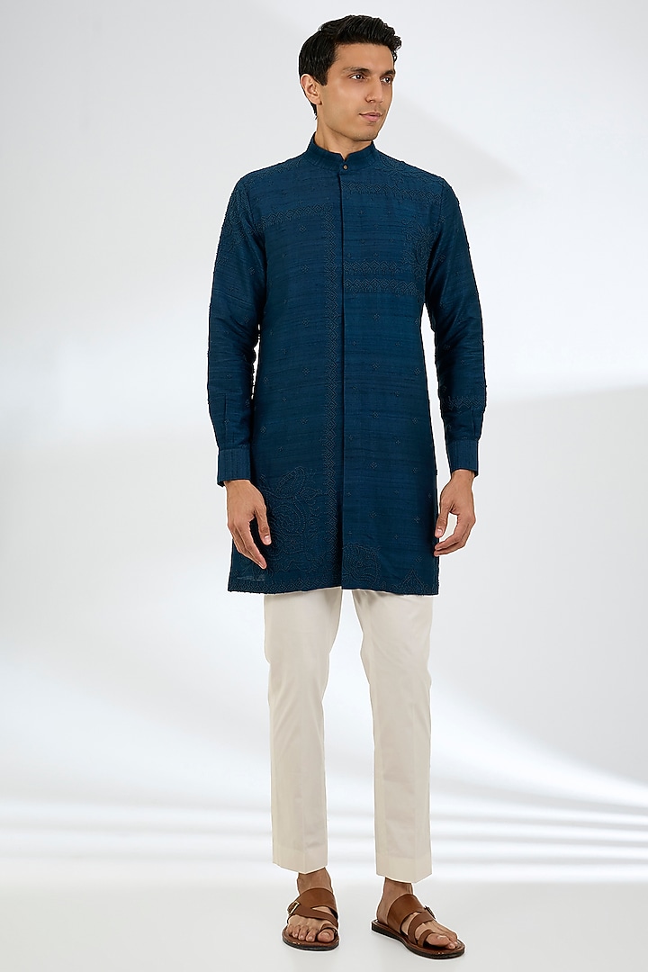 Dark Indigo Silk Kurta Set by Divyam Mehta Men