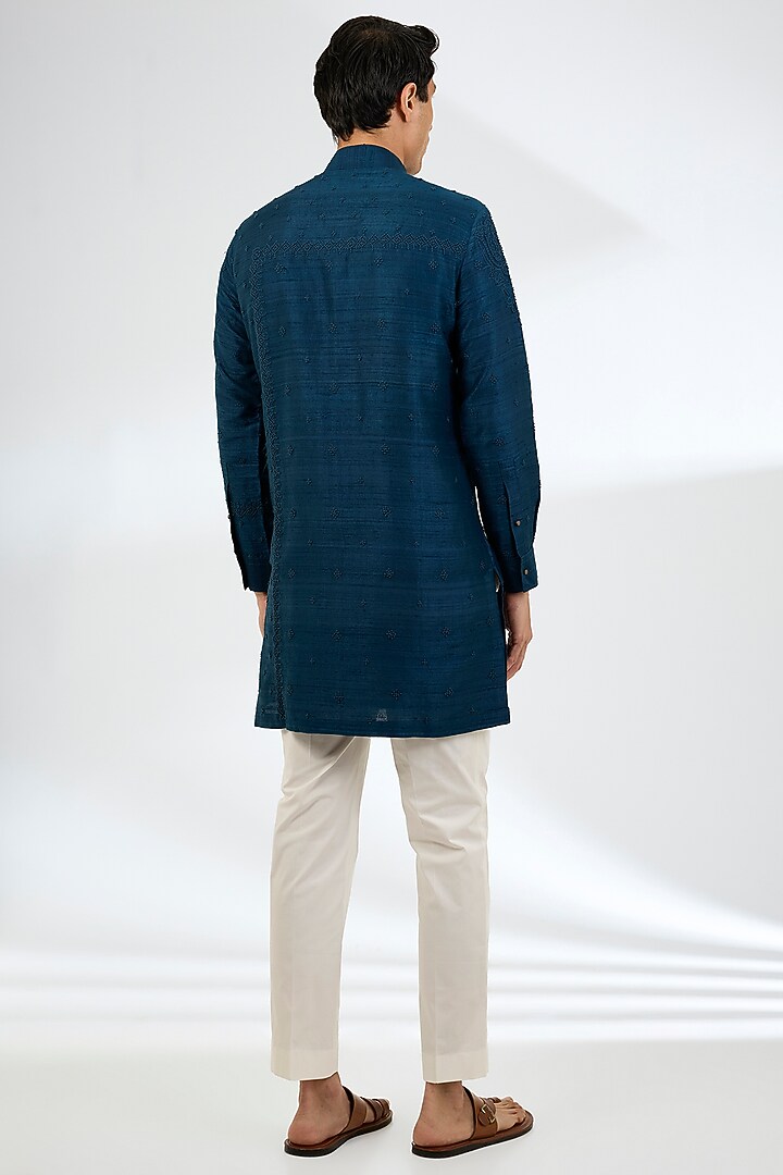 Dark Indigo Silk Kurta Set by Divyam Mehta Men at Pernia's Pop Up Shop