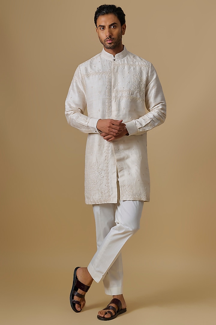 Champagne Raw Silk Kurta Set by Divyam Mehta Men