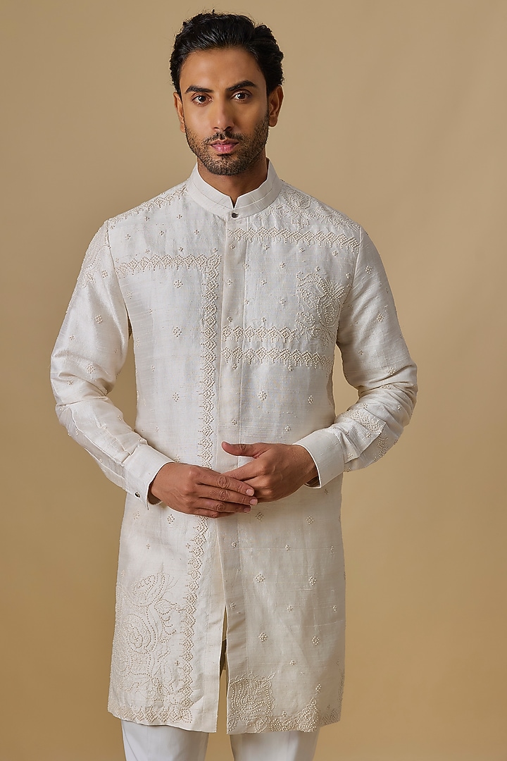 Champagne Raw Silk Kurta Set by Divyam Mehta Men at Pernia's Pop Up Shop