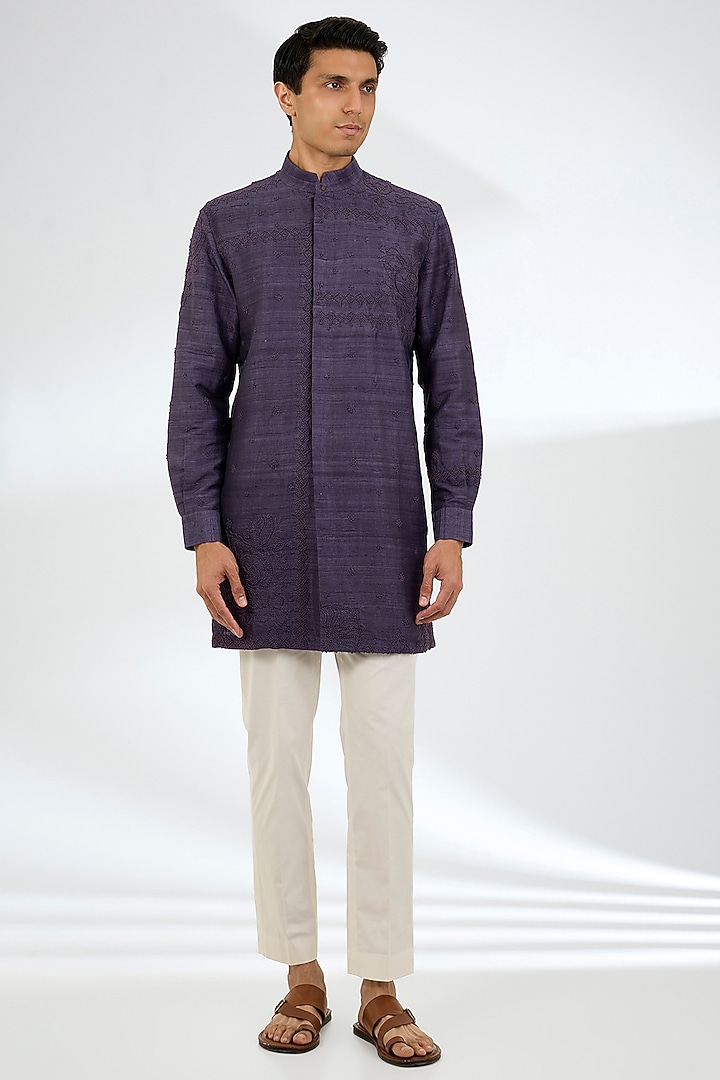 Dry Orchid Silk Kurta Set by Divyam Mehta Men