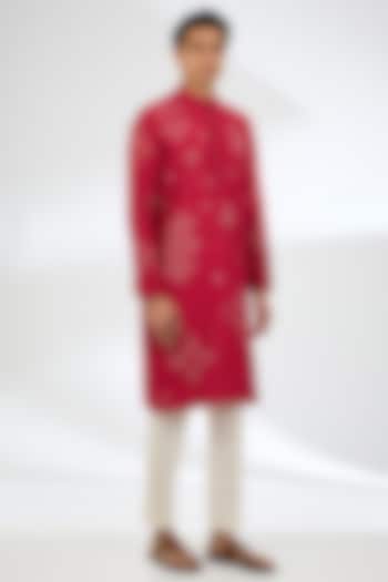 Red Silk Kurta Set by Divyam Mehta Men