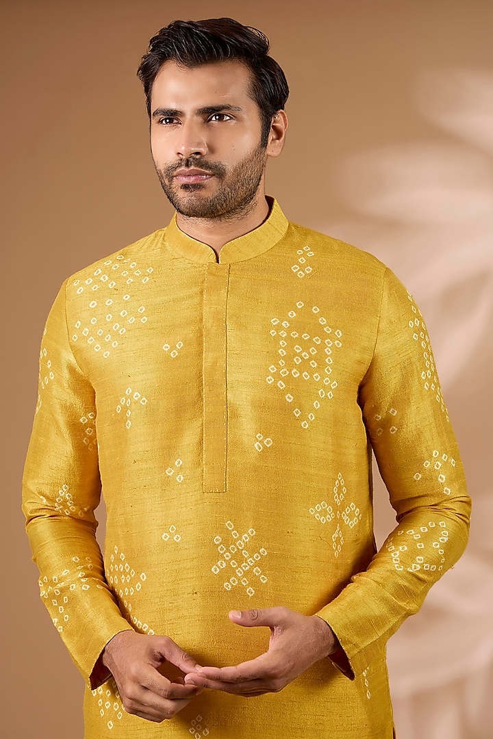 Haldi Yellow Raw Silk Kurta Set by Divyam Mehta Men at Pernia's Pop Up Shop