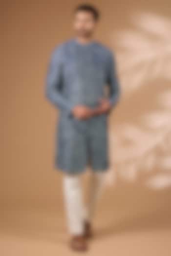 Blue Raw Silk Kurta Set by Divyam Mehta Men