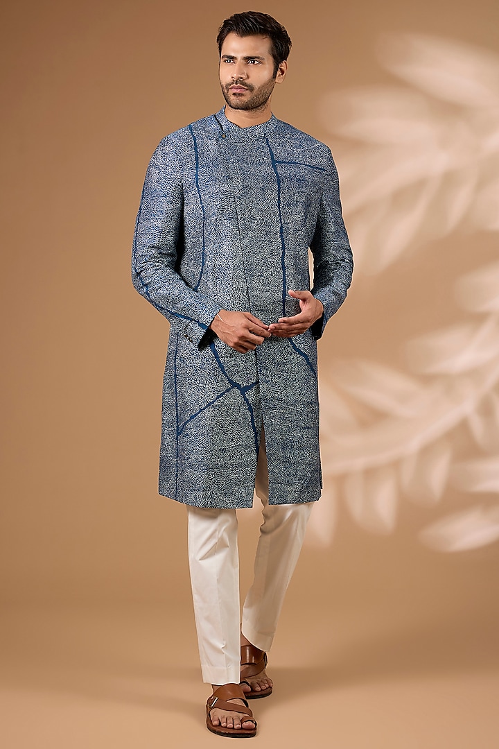 Blue Raw Silk Kurta Set by Divyam Mehta Men