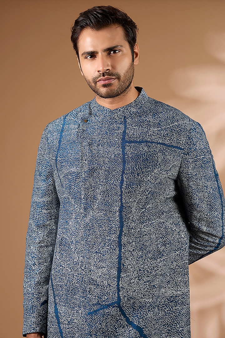 Blue Raw Silk Kurta Set by Divyam Mehta Men at Pernia's Pop Up Shop