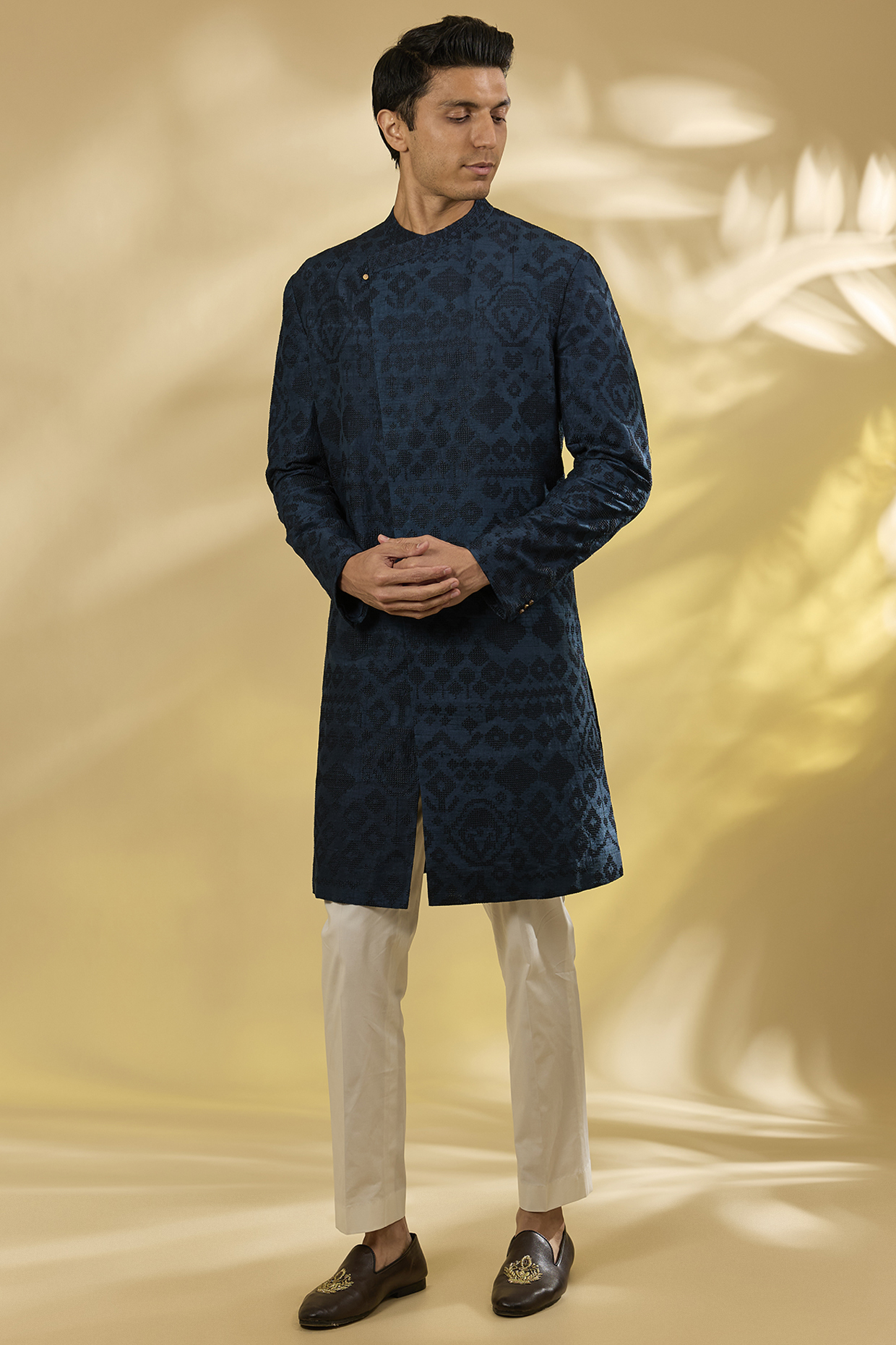 Dark Indigo Raw Silk & Stretch Cotton Overlap Kurta Set by Divyam Mehta Men
