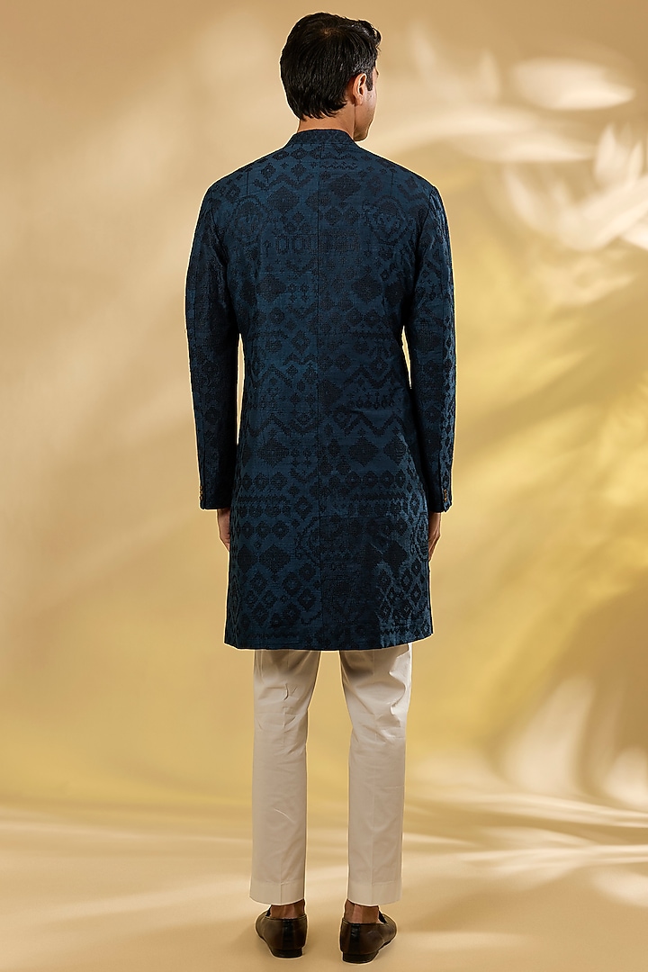Dark Indigo Raw Silk & Stretch Cotton Overlap Kurta Set by Divyam Mehta Men at Pernia's Pop Up Shop