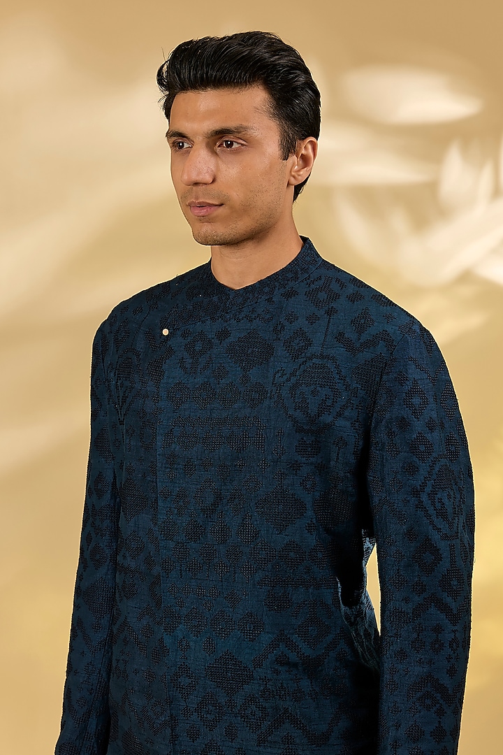 Dark Indigo Raw Silk & Stretch Cotton Overlap Kurta Set by Divyam Mehta Men at Pernia's Pop Up Shop