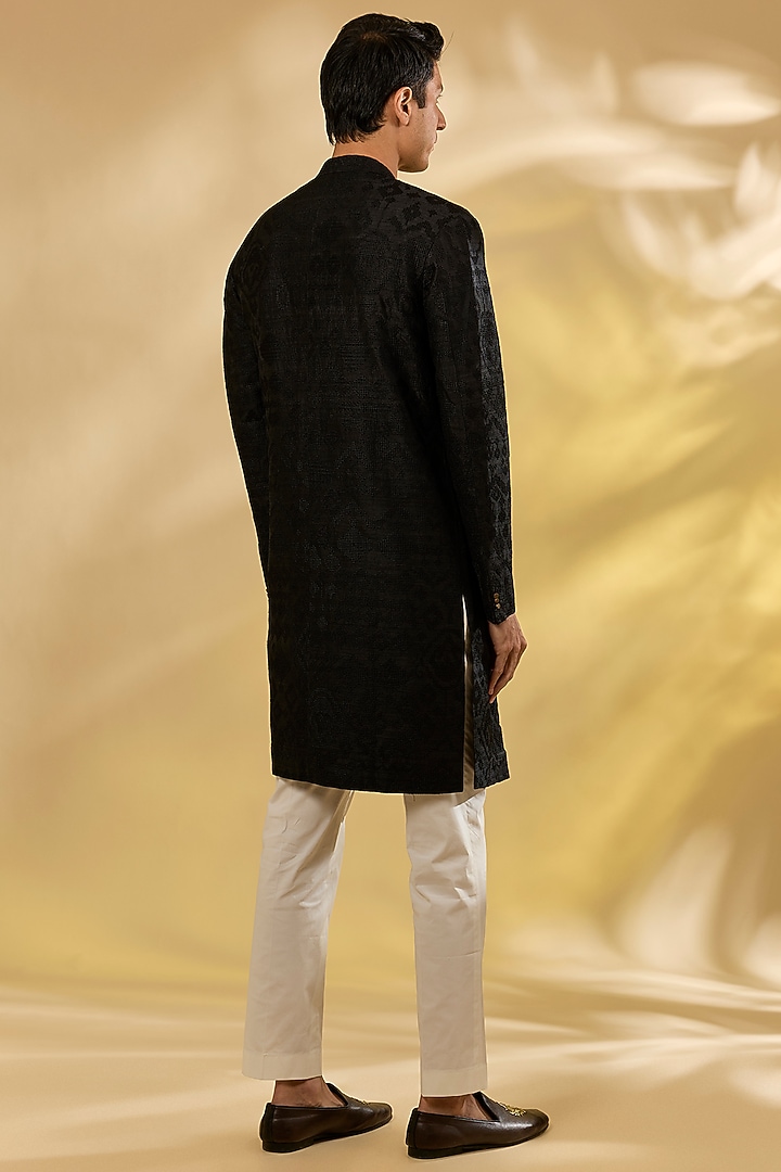 Black Raw Silk & Stretch Cotton Overlap Kurta Set by Divyam Mehta Men at Pernia's Pop Up Shop