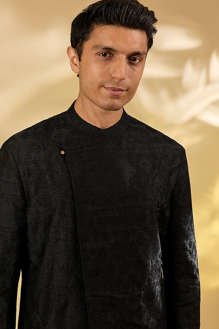 Black Raw Silk & Stretch Cotton Overlap Kurta Set by Divyam Mehta Men at Pernia's Pop Up Shop