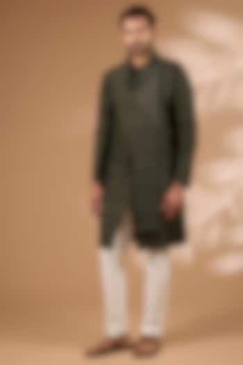 Black Olive Raw Silk Kurta Set by Divyam Mehta Men