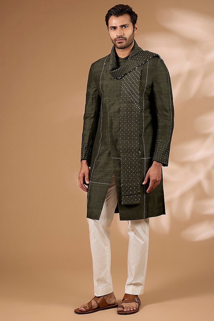 Black Olive Raw Silk Kurta Set by Divyam Mehta Men