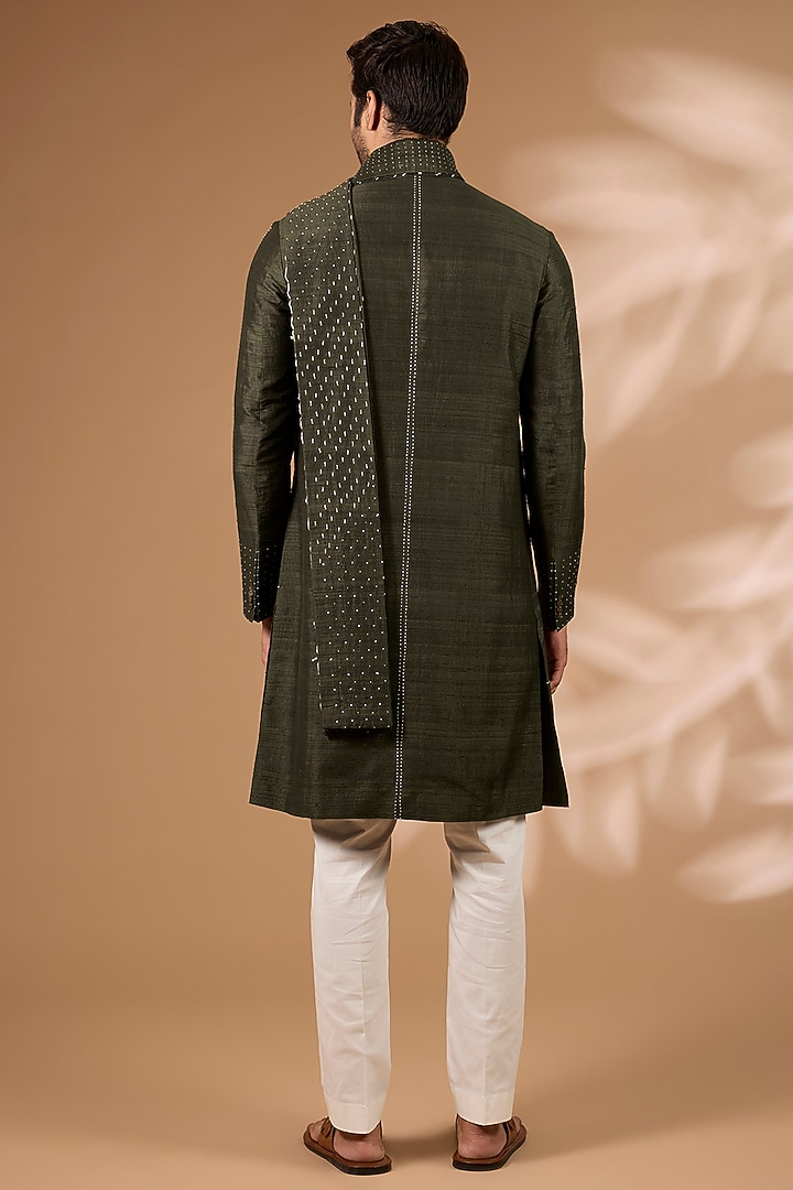 Black Olive Raw Silk Kurta Set by Divyam Mehta Men at Pernia's Pop Up Shop
