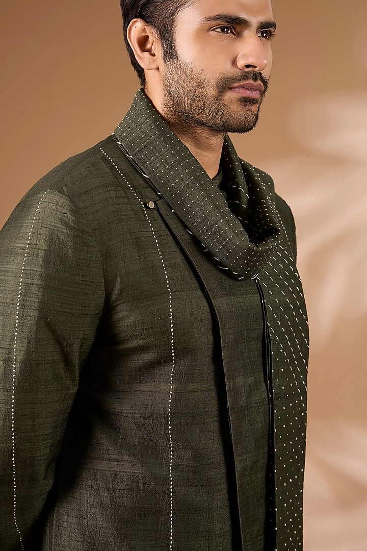 Black Olive Raw Silk Kurta Set by Divyam Mehta Men at Pernia's Pop Up Shop