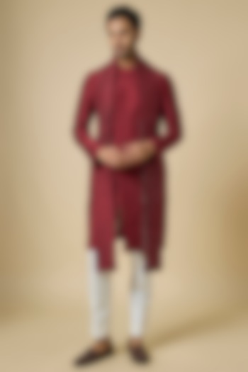 Brick Red Raw Silk Kurta Set by Divyam Mehta Men at Pernia's Pop Up Shop