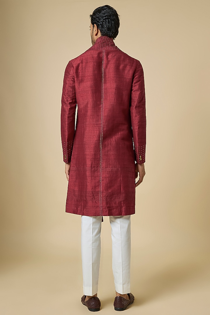 Brick Red Raw Silk Kurta Set by Divyam Mehta Men at Pernia's Pop Up Shop