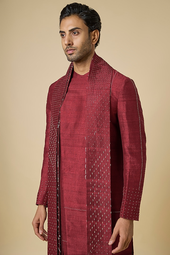 Brick Red Raw Silk Kurta Set by Divyam Mehta Men at Pernia's Pop Up Shop