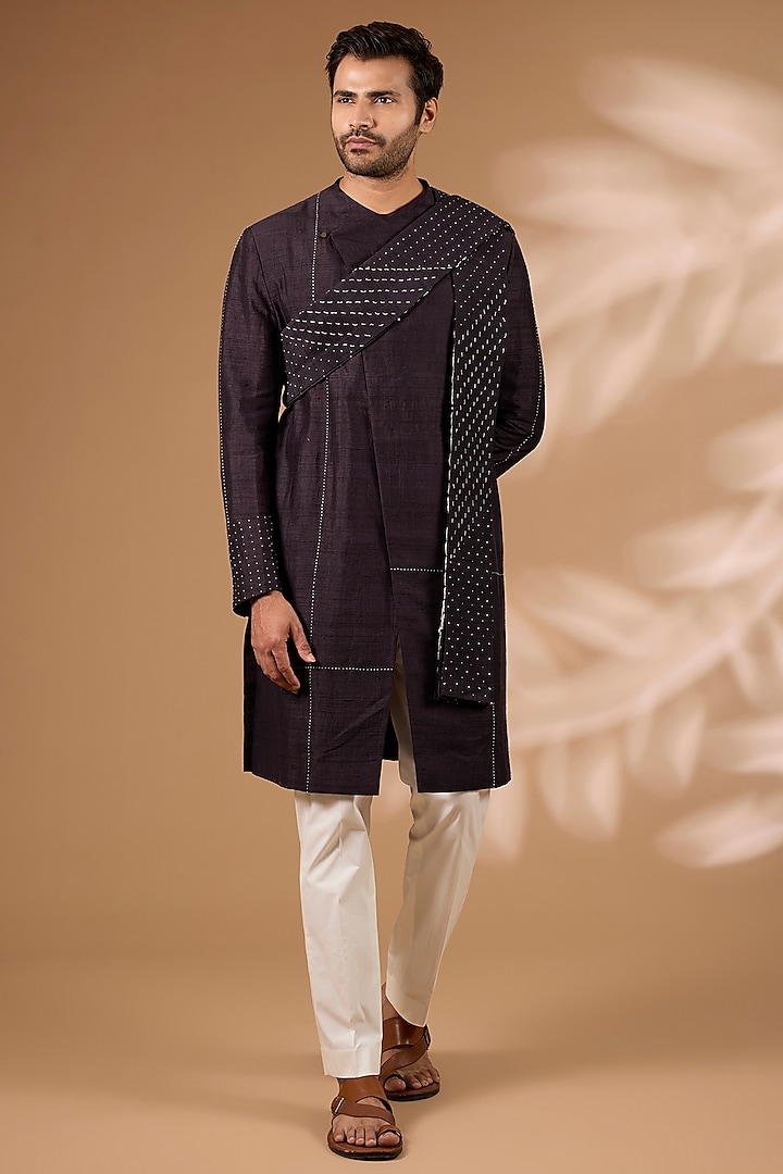 Jamun Purple Raw Silk Kurta Set by Divyam Mehta Men