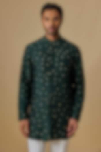 Bottle Green Raw Silk Kurta by Divyam Mehta Men