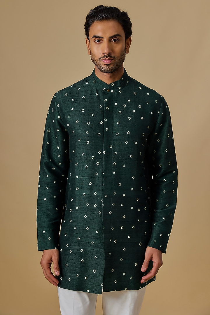 Bottle Green Raw Silk Kurta by Divyam Mehta Men