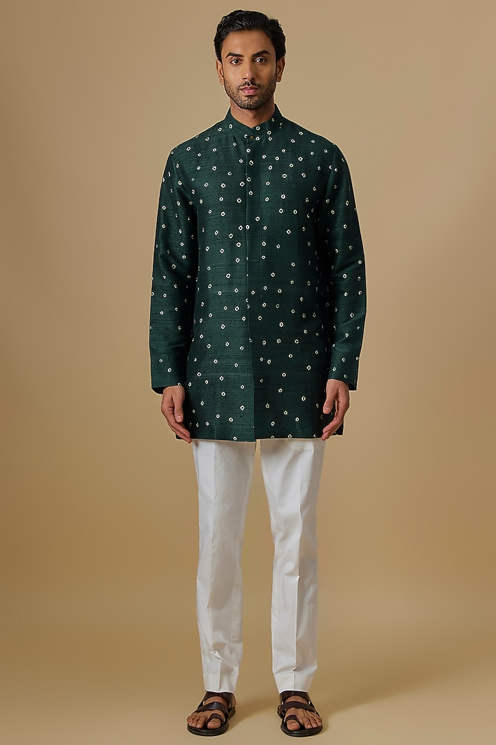 Bottle Green Raw Silk Kurta by Divyam Mehta Men at Pernia's Pop Up Shop