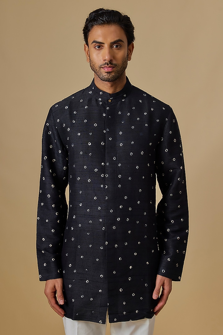 Black Raw Silk Kurta by Divyam Mehta Men at Pernia's Pop Up Shop