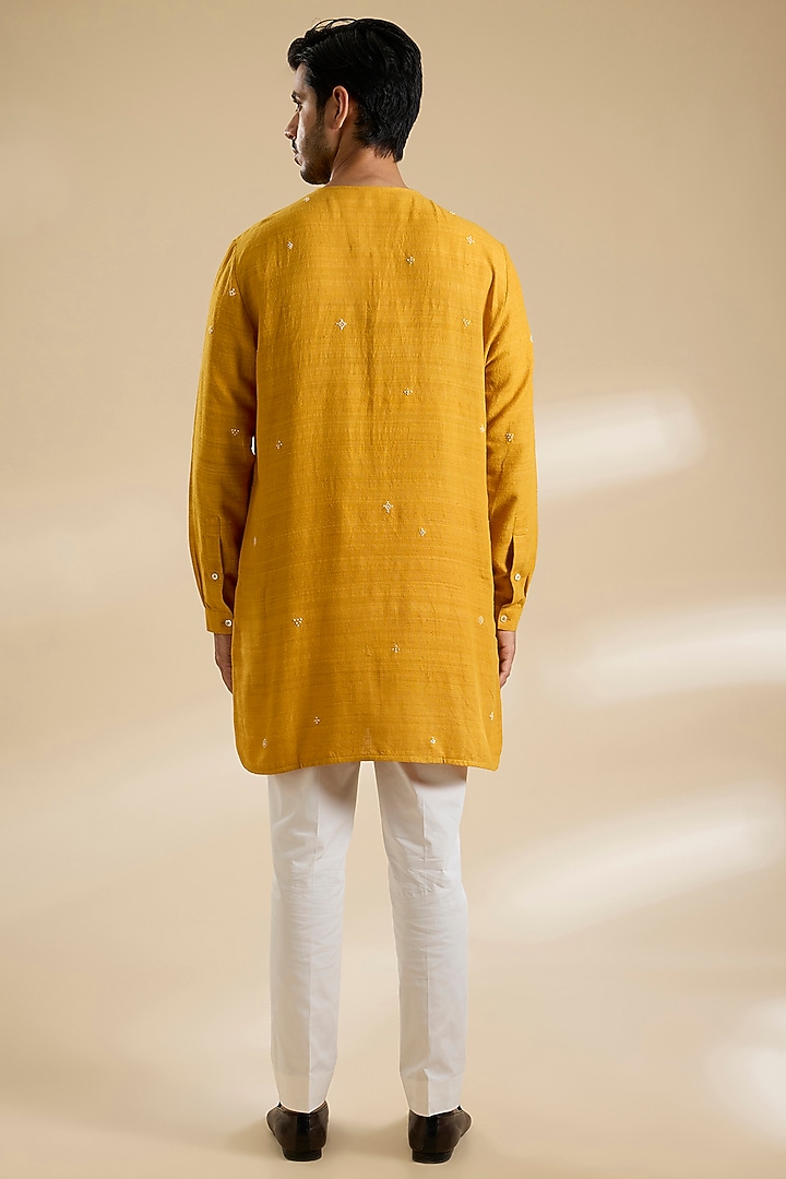 Chandan Yellow Raw Silk Thread Embroidered Bundi Jacket Set by Divyam Mehta Men at Pernia's Pop Up Shop