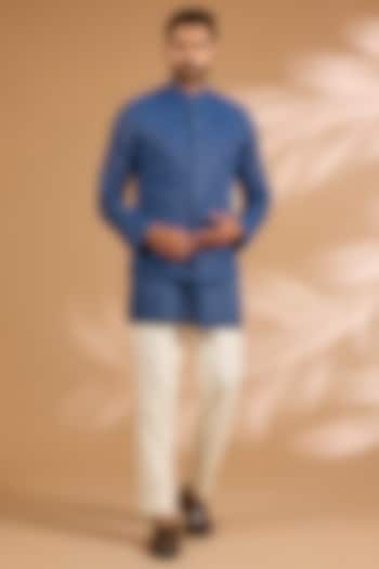 Blue Silk Bundi Jacket Set by Divyam Mehta Men at Pernia's Pop Up Shop