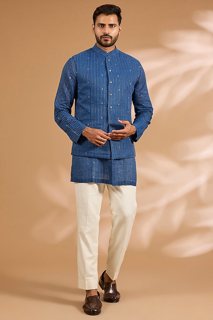 Blue Silk Bundi Jacket Set by Divyam Mehta Men at Pernia's Pop Up Shop