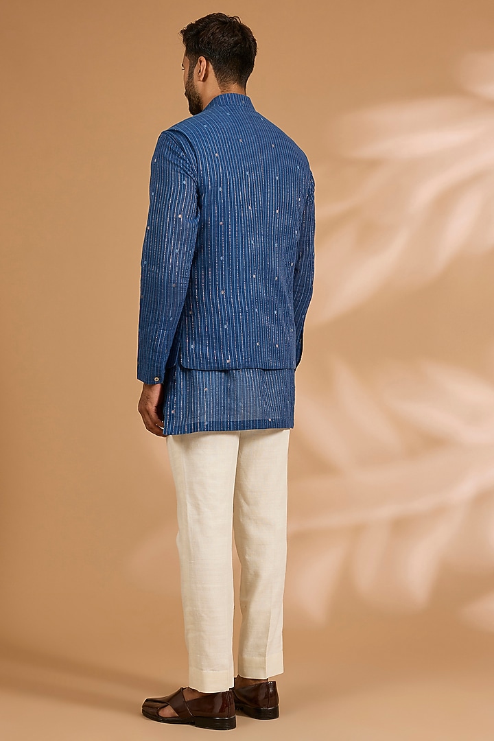 Blue Silk Bundi Jacket Set by Divyam Mehta Men at Pernia's Pop Up Shop