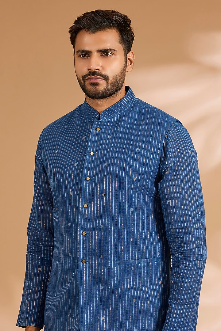 Blue Silk Bundi Jacket Set by Divyam Mehta Men at Pernia's Pop Up Shop