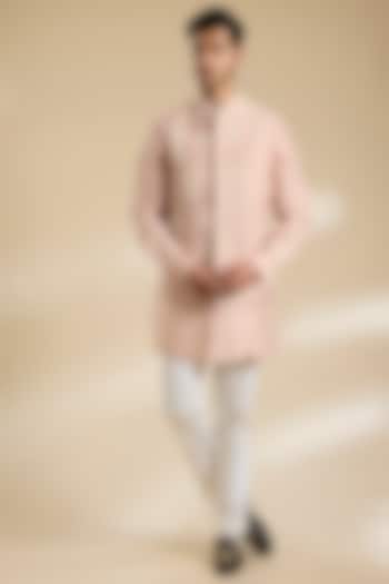 Onion Pink Raw Silk Pearl Embroidered Bundi Jacket Set by Divyam Mehta Men
