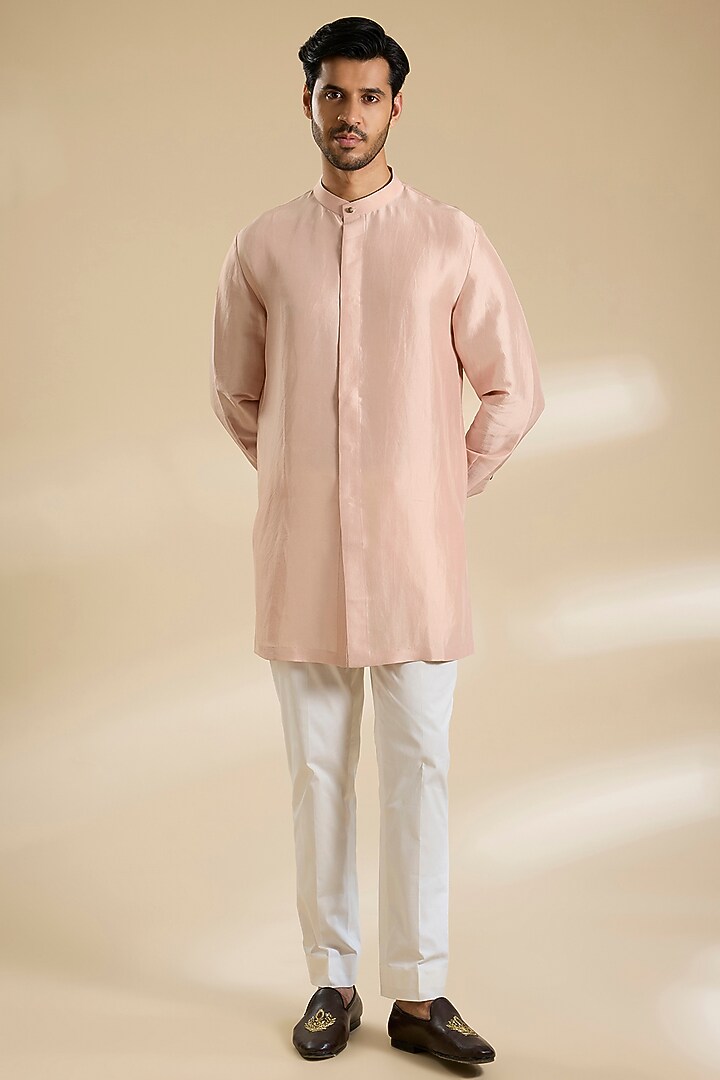 Onion Pink Raw Silk Pearl Embroidered Bundi Jacket Set by Divyam Mehta Men at Pernia's Pop Up Shop