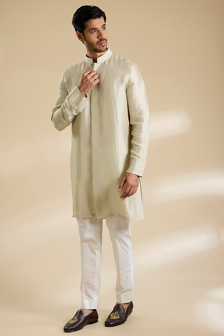 Saunf Green Raw Silk French Knot Embroidered Bundi Jacket Set by Divyam Mehta Men at Pernia's Pop Up Shop