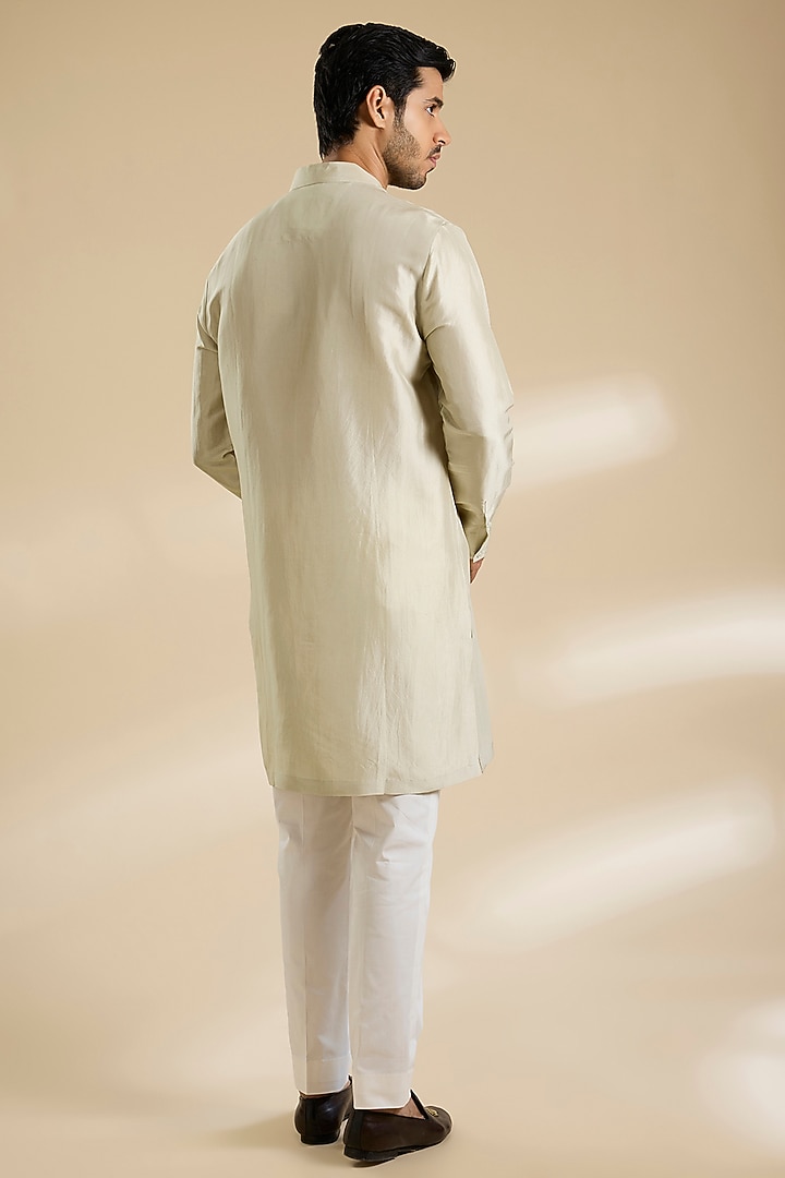 Saunf Green Raw Silk French Knot Embroidered Bundi Jacket Set by Divyam Mehta Men at Pernia's Pop Up Shop