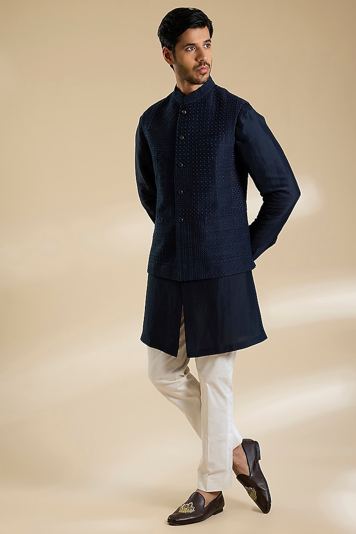 Space Blue Raw Silk French Knot Embroidered Bundi Jacket Set by Divyam Mehta Men