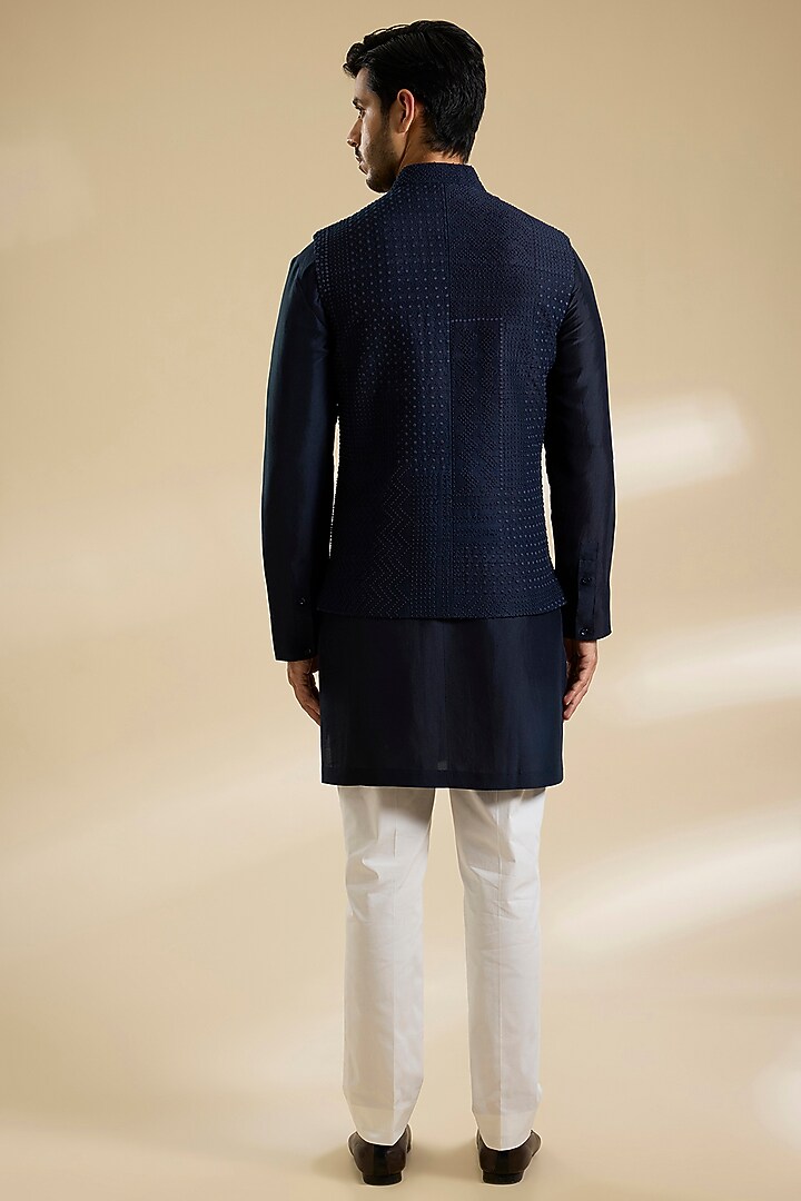 Space Blue Raw Silk French Knot Embroidered Bundi Jacket Set by Divyam Mehta Men at Pernia's Pop Up Shop