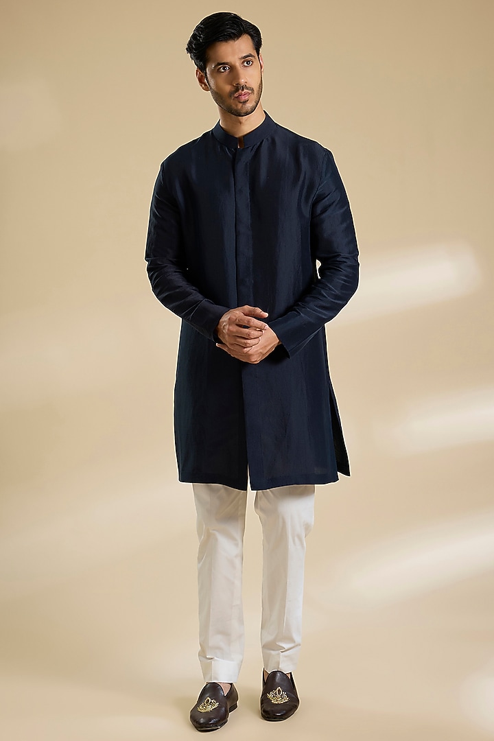 Space Blue Raw Silk French Knot Embroidered Bundi Jacket Set by Divyam Mehta Men at Pernia's Pop Up Shop