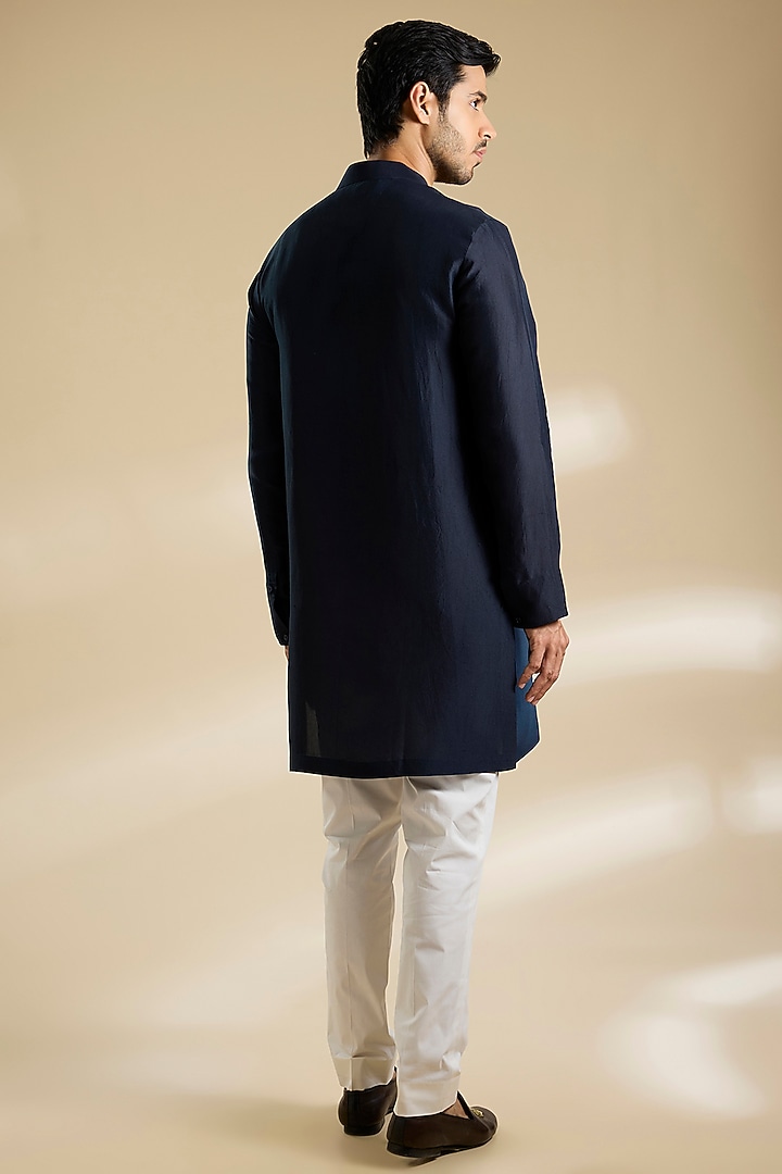 Space Blue Raw Silk French Knot Embroidered Bundi Jacket Set by Divyam Mehta Men at Pernia's Pop Up Shop