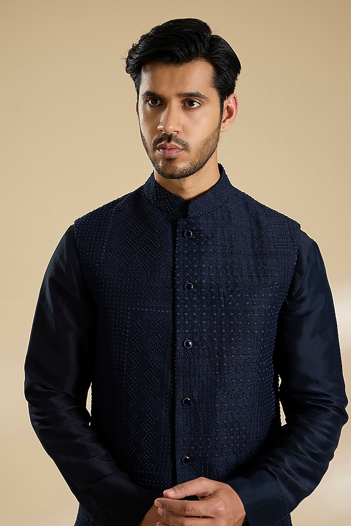 Space Blue Raw Silk French Knot Embroidered Bundi Jacket Set by Divyam Mehta Men at Pernia's Pop Up Shop