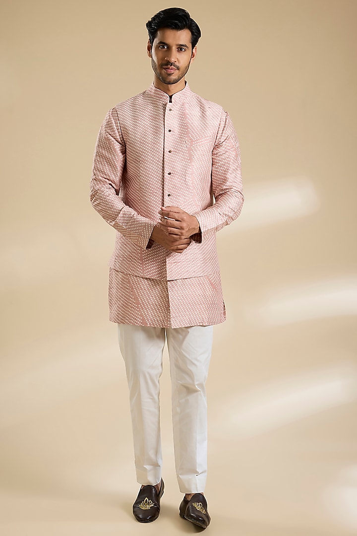 Onion Pink Raw Silk Bundi Jacket Set by Divyam Mehta Men