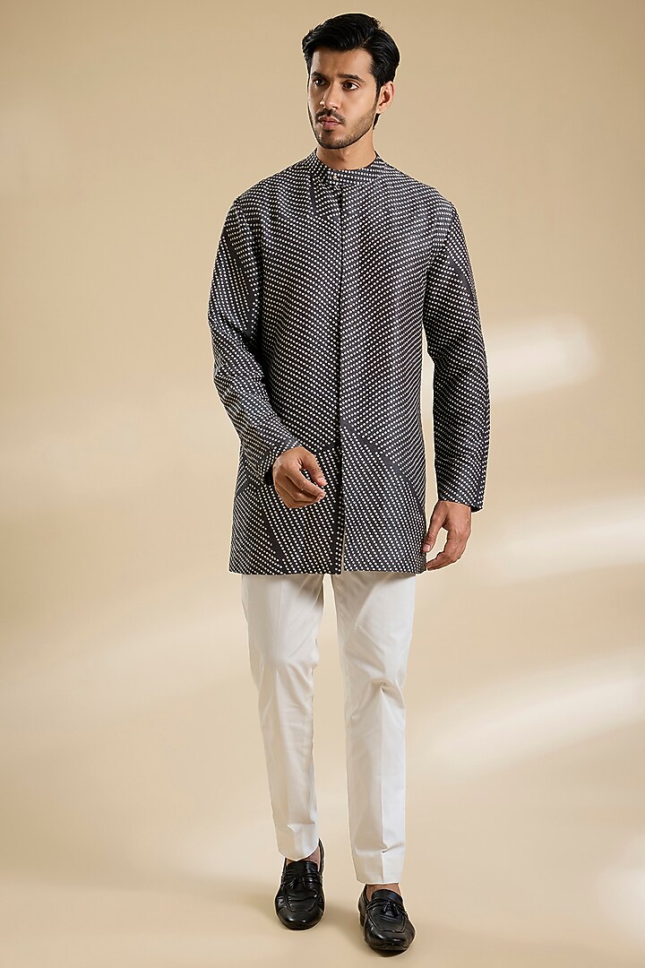 Coal Black Raw Silk Bundi Jacket Set by Divyam Mehta Men at Pernia's Pop Up Shop