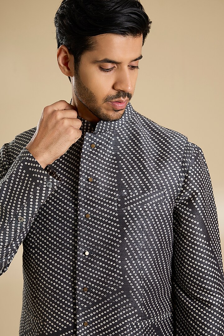 Coal Black Raw Silk Bundi Jacket Set by Divyam Mehta Men at Pernia's Pop Up Shop