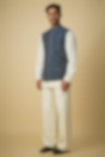 Dark Indigo Raw Silk Bundi Set by Divyam Mehta Men