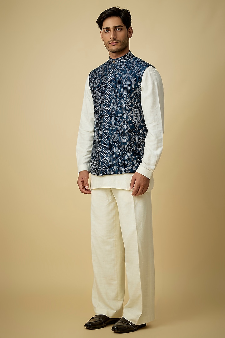 Dark Indigo Raw Silk Bundi Set by Divyam Mehta Men