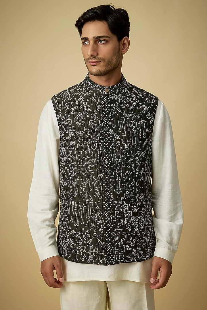 Black Olive Raw Silk Bundi Set by Divyam Mehta Men at Pernia's Pop Up Shop